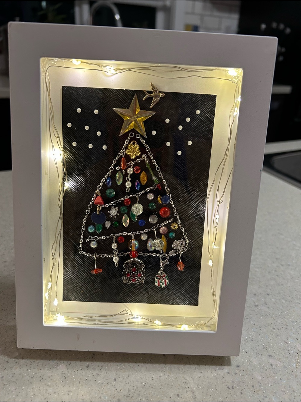 Holiday LED Decor Frame with Beaded Christmas Tree - White